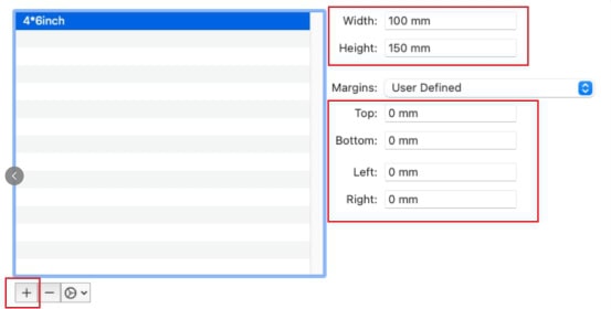 Click the "+" button, enter your paper size and margins, and then click "OK".