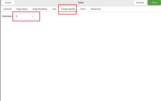 Adjust print density in the “Image Quality” section of the print page, and adjust print speed in the “Advanced” section.