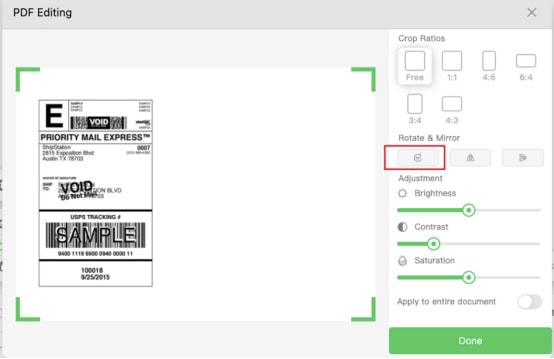 Click the rotation icon, rotate the image to the correct orientation, then adjust the cropping area.