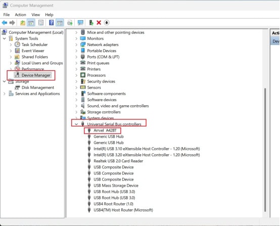 Locate the USB printing support or printer name in Device Manager
