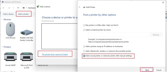 Enter the “Add a printer” interface