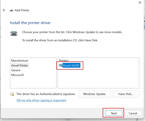 Select the printer driver “Arrvel A42BT” and click “Next”.