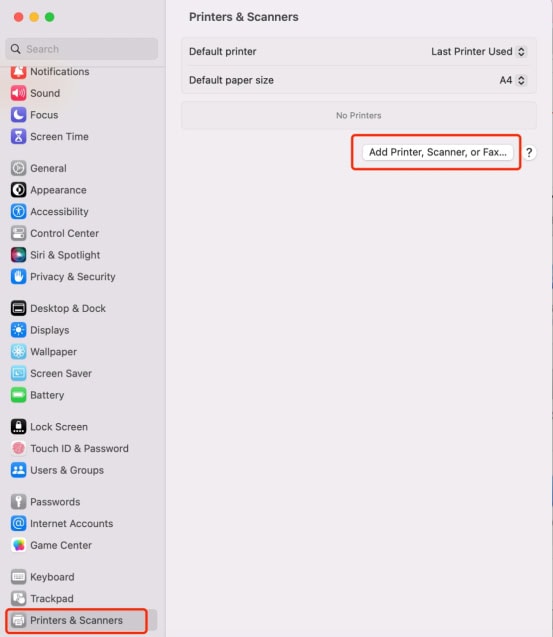 open "System Settings" and select "Printers & Scanners". Click "Add Printers, Scanners, or Fax...".