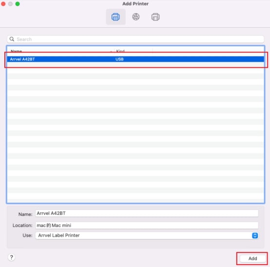 Click "Add", and the printer will appear on your Mac.