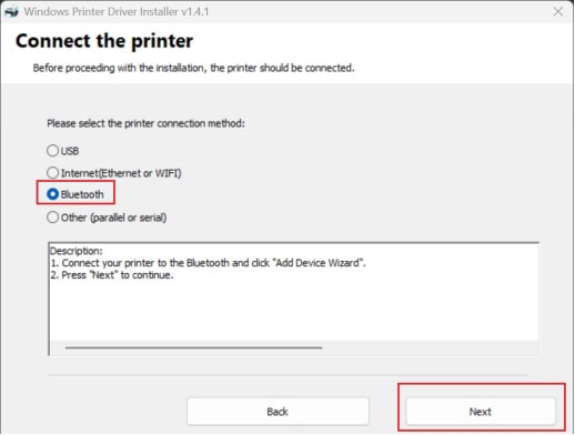 select Bluetooth and click "Next" to continue the installation