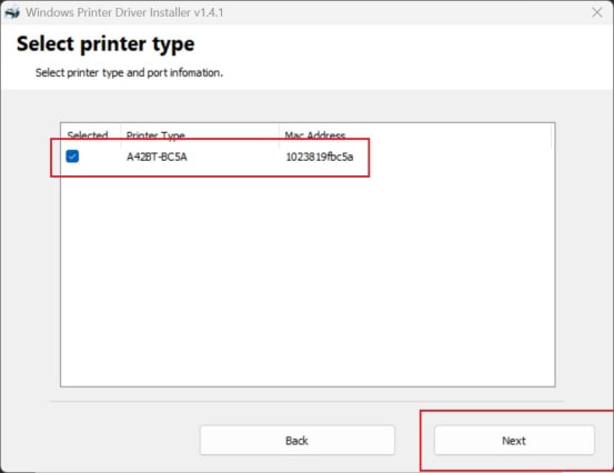 select the corresponding A42BT printer