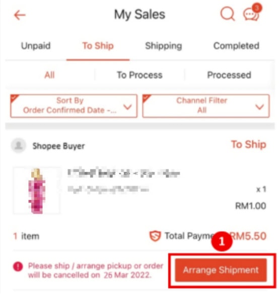 Click "My Sales" → "To Ship" → "Arrange Shipment" on the Shopee App.