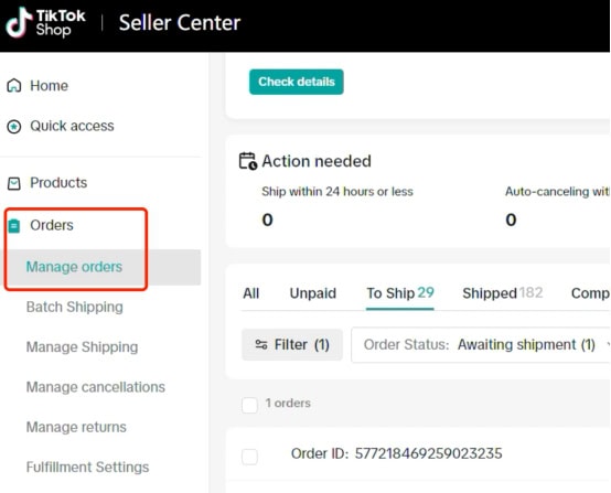 select “Orders” → click “Manage orders”