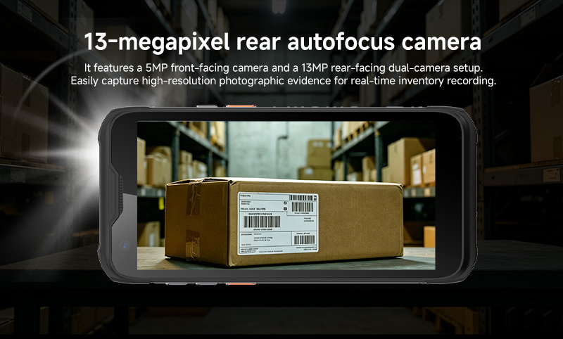 Arrvel MC95 rugged handheld PDA featuring a 13MP rear camera and 5MP front camera for inventory documentation and field service applications.