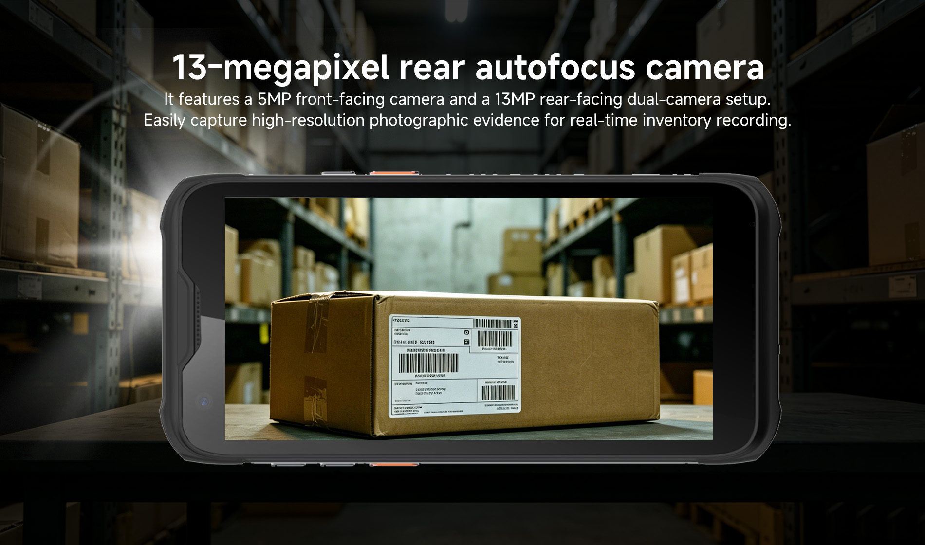 Arrvel MC95 rugged handheld PDA equipped with a 13MP rear camera and 5MP front camera for inventory documentation and field service tasks.