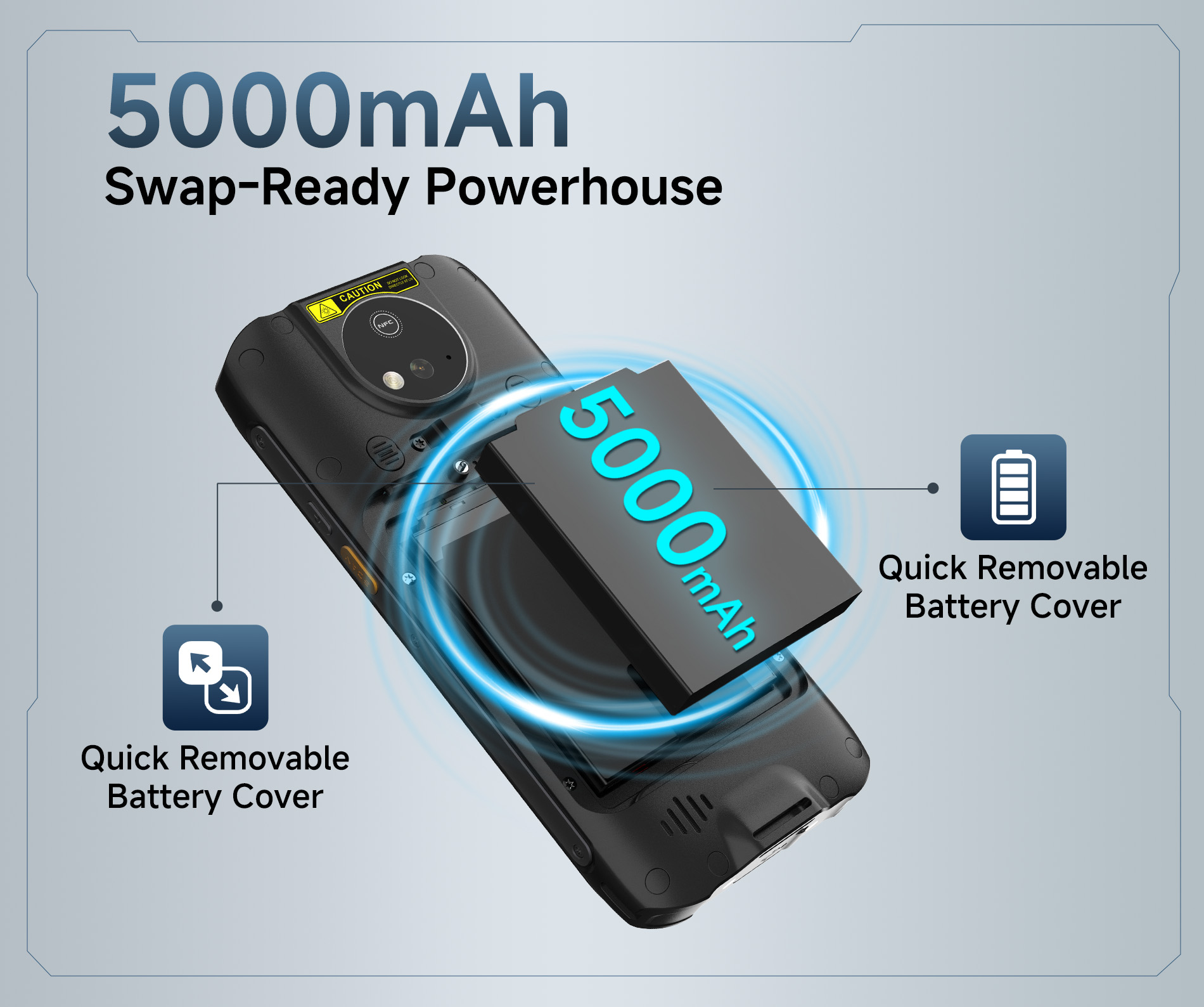Arrvel MC95 rugged PDA with 5000mAh removable battery designed for long shifts and uninterrupted warehouse operations.