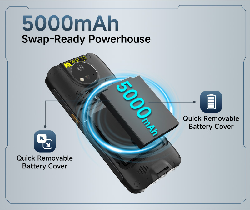 Arrvel MC95 rugged PDA with a 5000mAh removable battery designed for long working hours and uninterrupted warehouse operations.