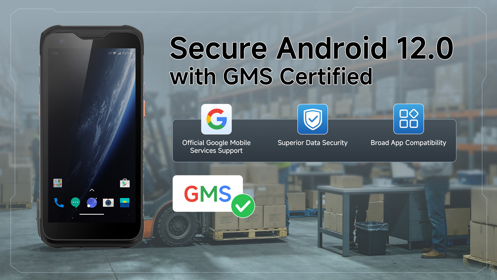 Arrvel MC95 rugged handheld PDA with Android 12 and GMS certification, providing secure Google Mobile Services support and broad app compatibility.