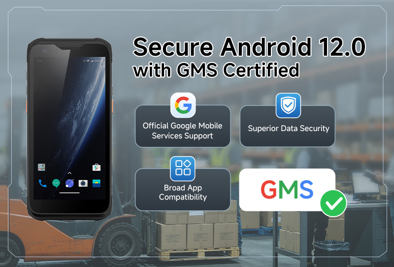 Arrvel MC95 rugged handheld PDA with Android 12 and GMS certification, providing Google Mobile Services support, enhanced data security and broad application compatibility.