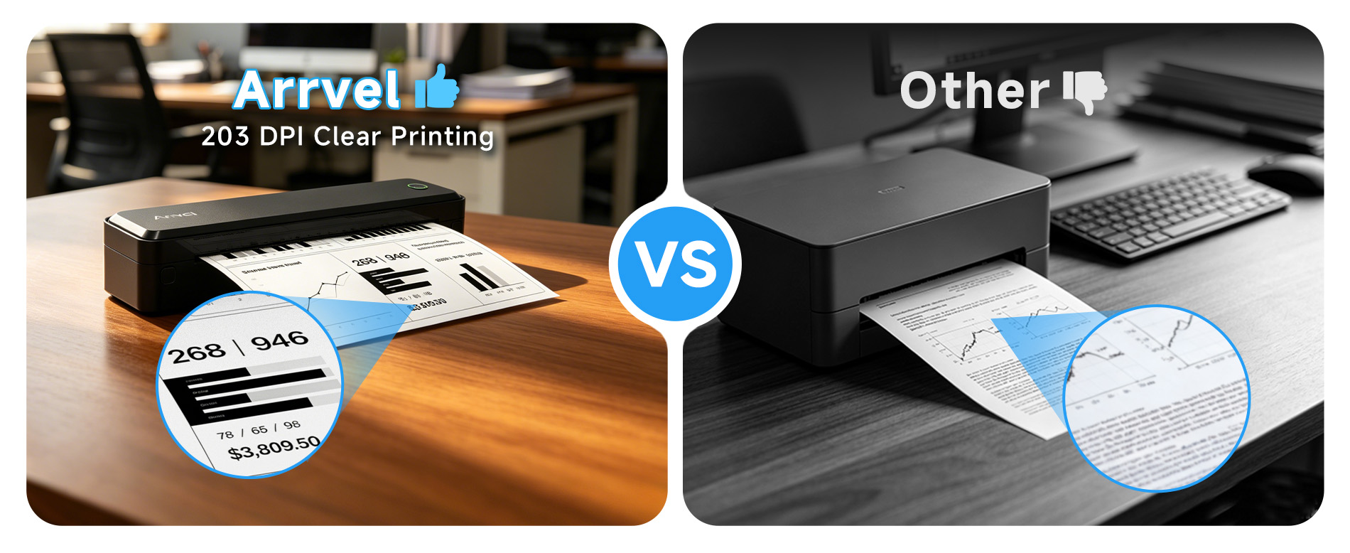 203 DPI thermal printing quality comparison between Arrvel A8 and traditional printers
