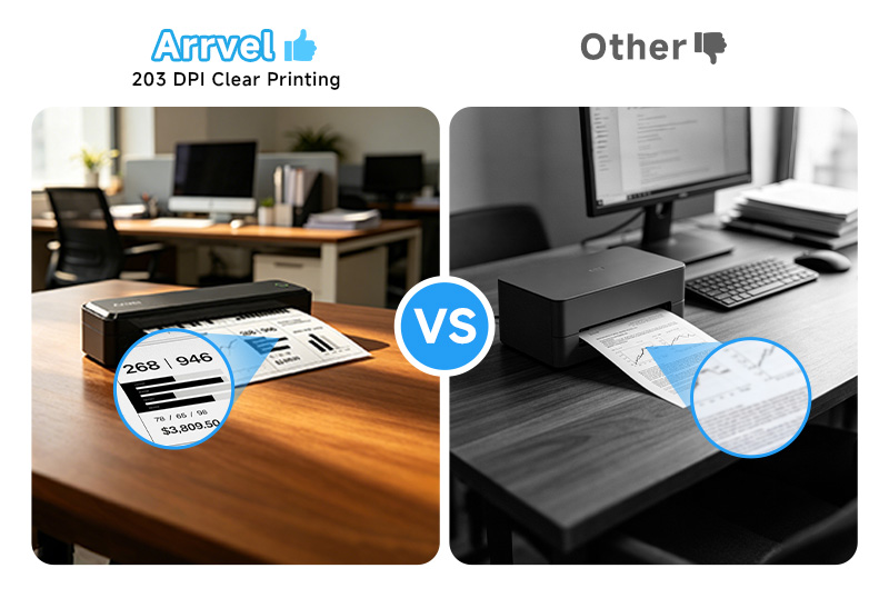 203 DPI thermal printing quality comparison between Arrvel A8 and traditional printers