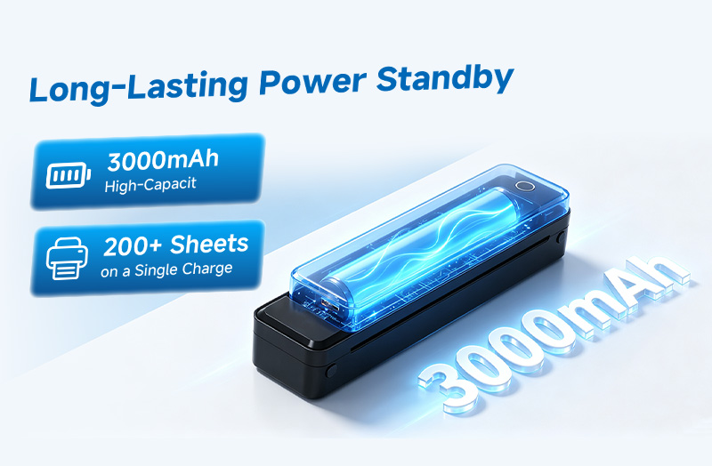 3000mAh rechargeable battery portable thermal printer prints over 200 pages