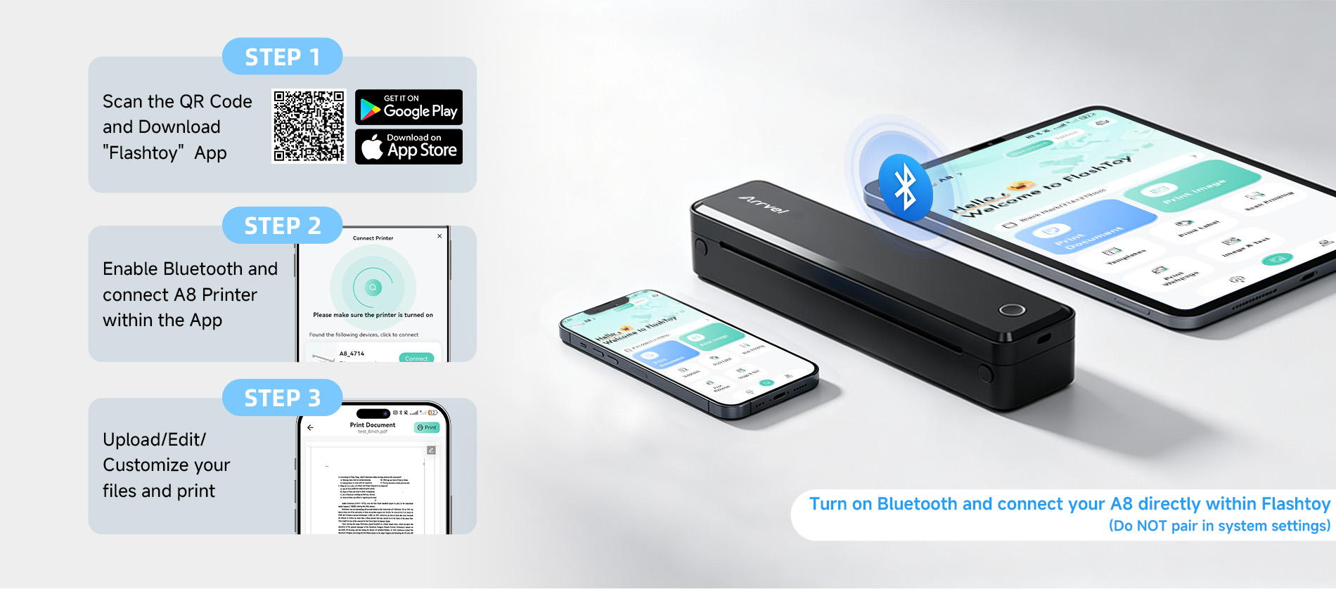 How to connect Arrvel A8 portable thermal printer using the Flashtoy app