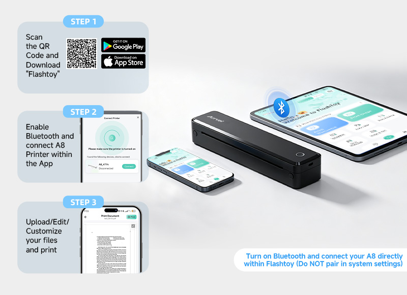 How to connect Arrvel A8 portable thermal printer using the Flashtoy app