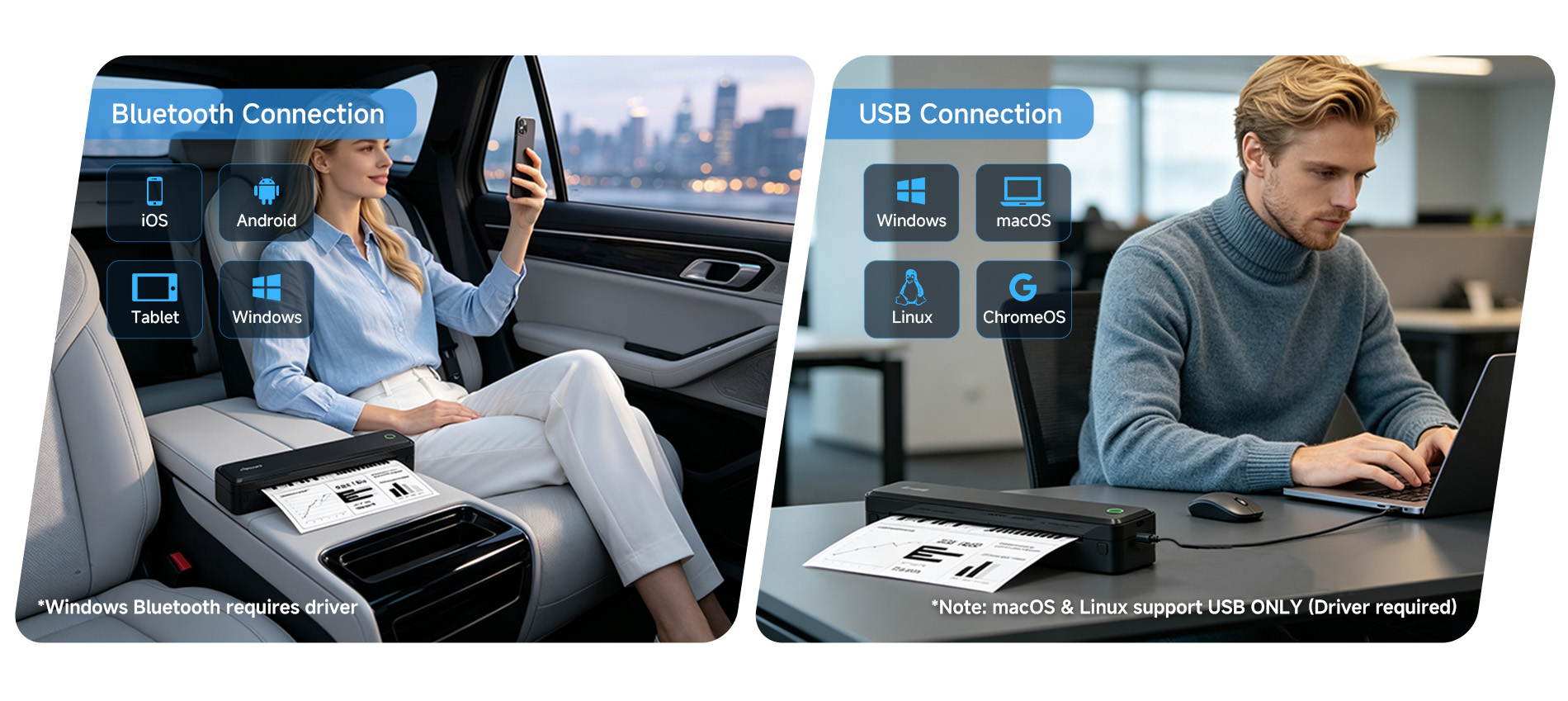 Arrvel A8 portable thermal printer supports Bluetooth and USB connection for iOS Android Windows macOS Linux and ChromeOS