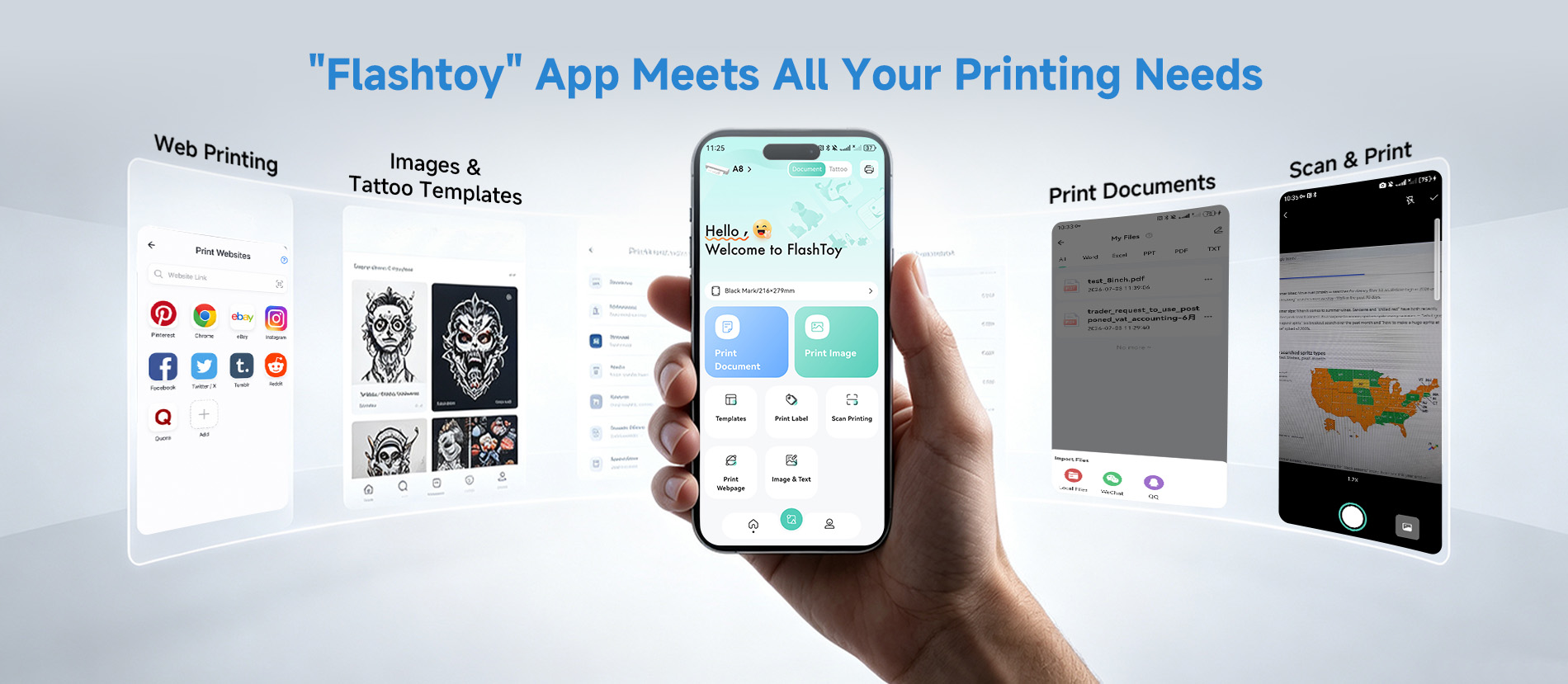 Flashtoy mobile app for printing documents images labels and web pages