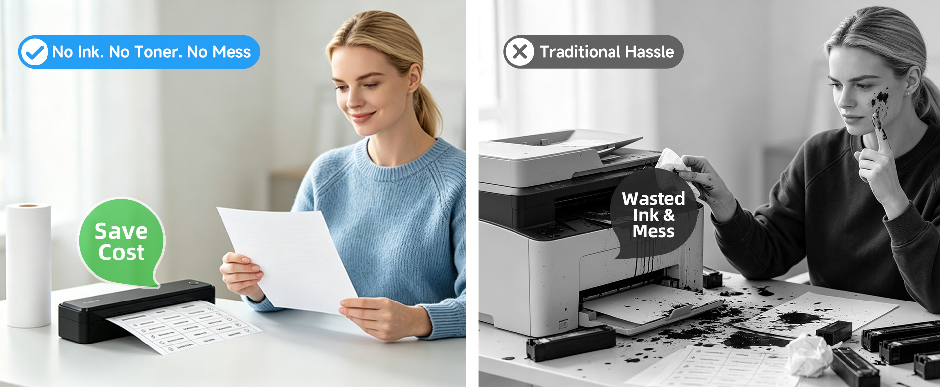 Inkless portable thermal printer saves ink toner and maintenance costs