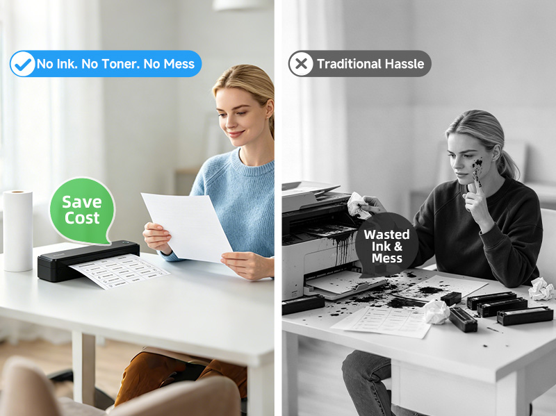 Inkless portable thermal printer saves ink toner and maintenance costs