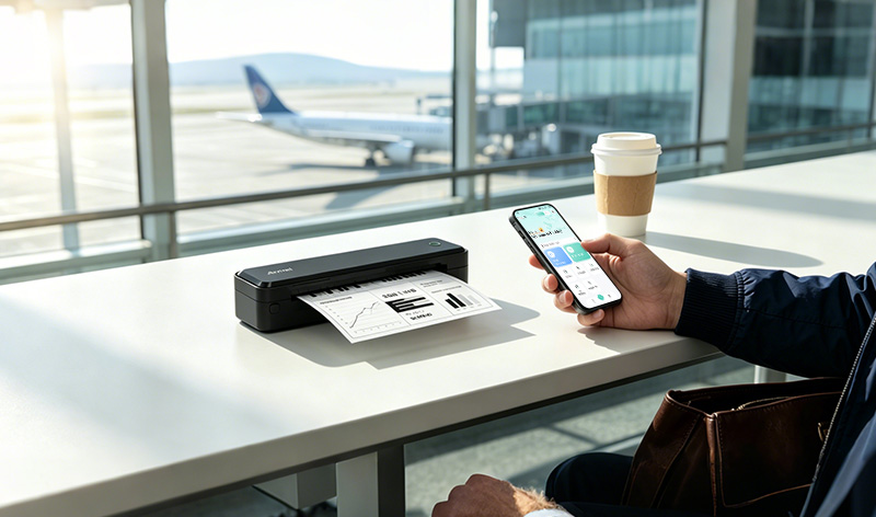 Portable thermal printer for airport travel and mobile office printing