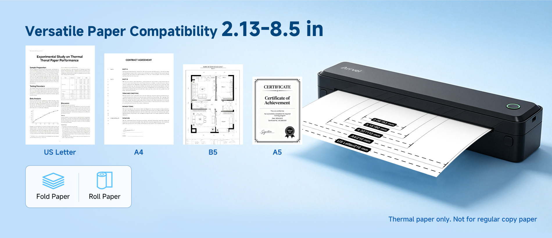 Arrvel A8 thermal printer supports US Letter A4 B5 A5 and thermal paper