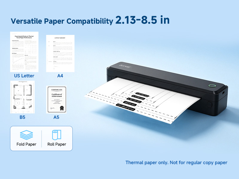 Arrvel A8 thermal printer supports US Letter A4 B5 A5 and thermal paper