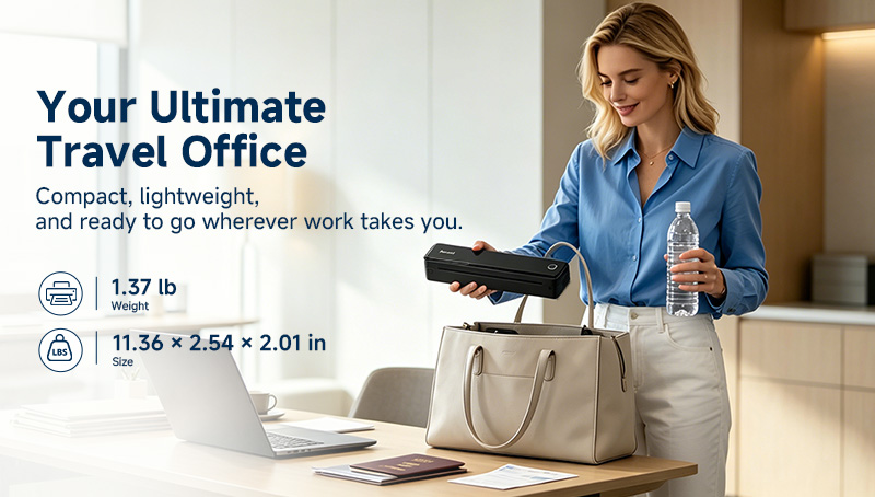 Compact portable thermal printer for travel office remote work and business trips