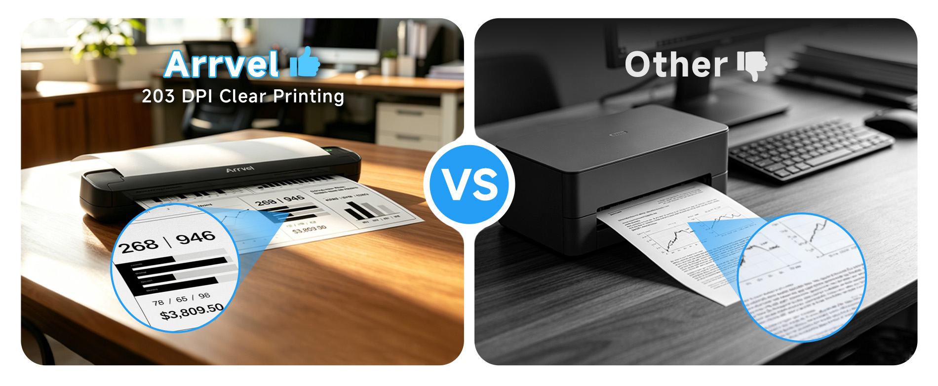 203 DPI portable thermal printer clear printing comparison