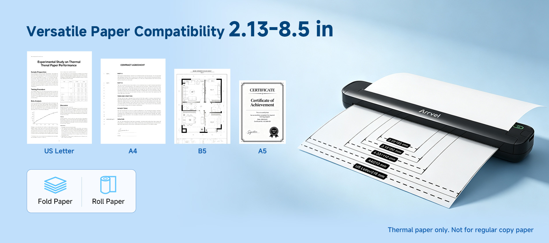 Portable thermal printer supporting A4 US Letter A5 and B5 thermal paper