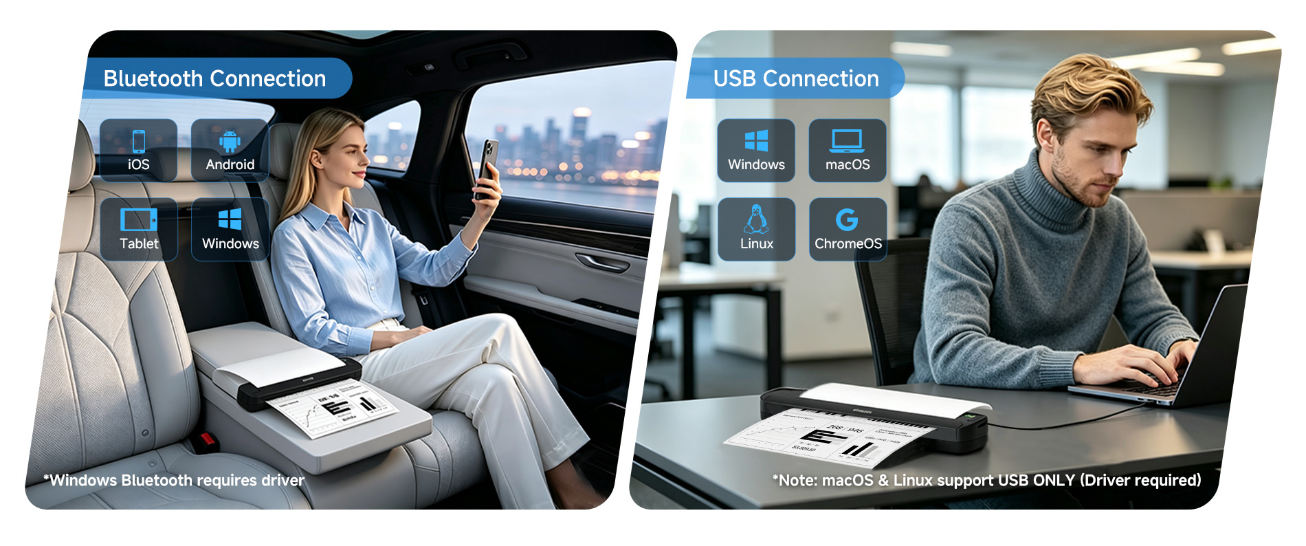 Bluetooth and USB portable thermal printer compatible with iPhone Android Windows macOS