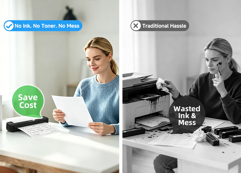 Inkless portable thermal printer without toner or ink cartridges