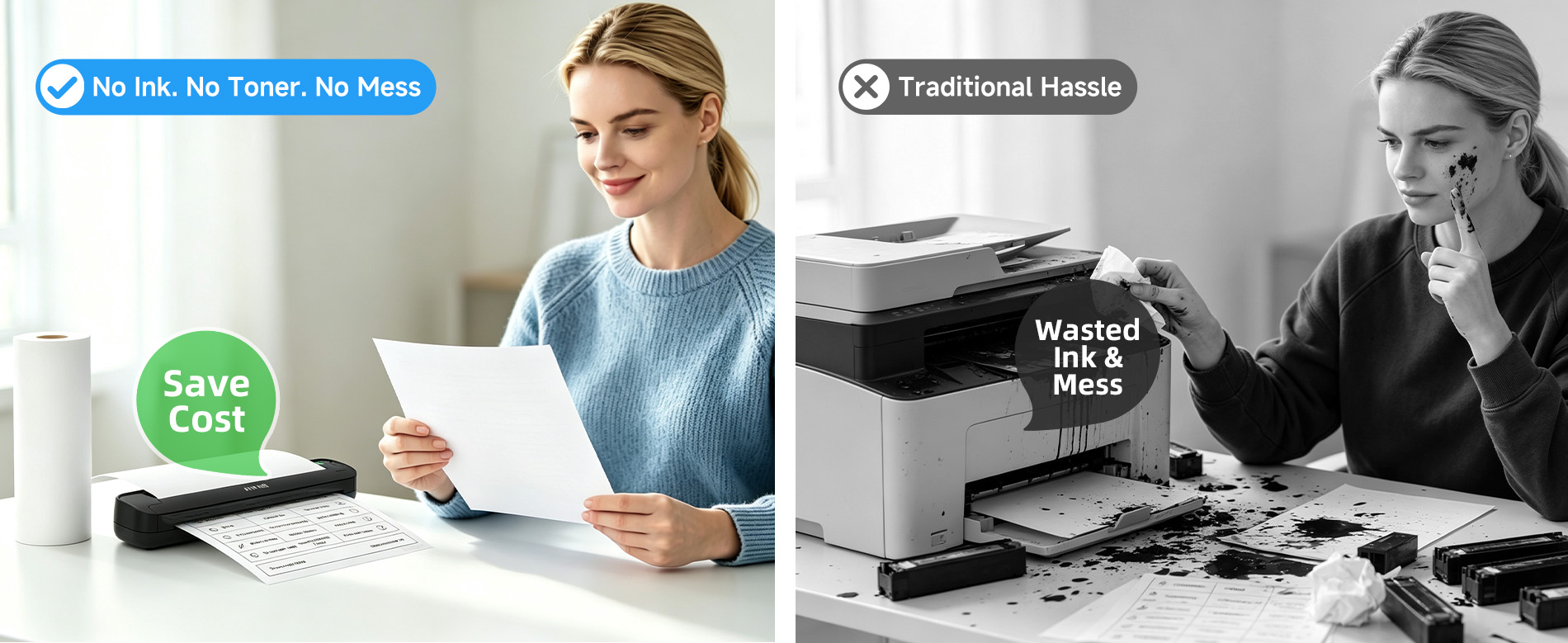 Inkless portable thermal printer without toner or ink cartridges