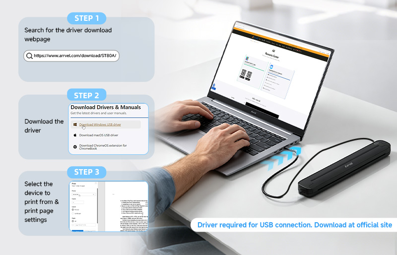 USB driver setup for portable thermal printer